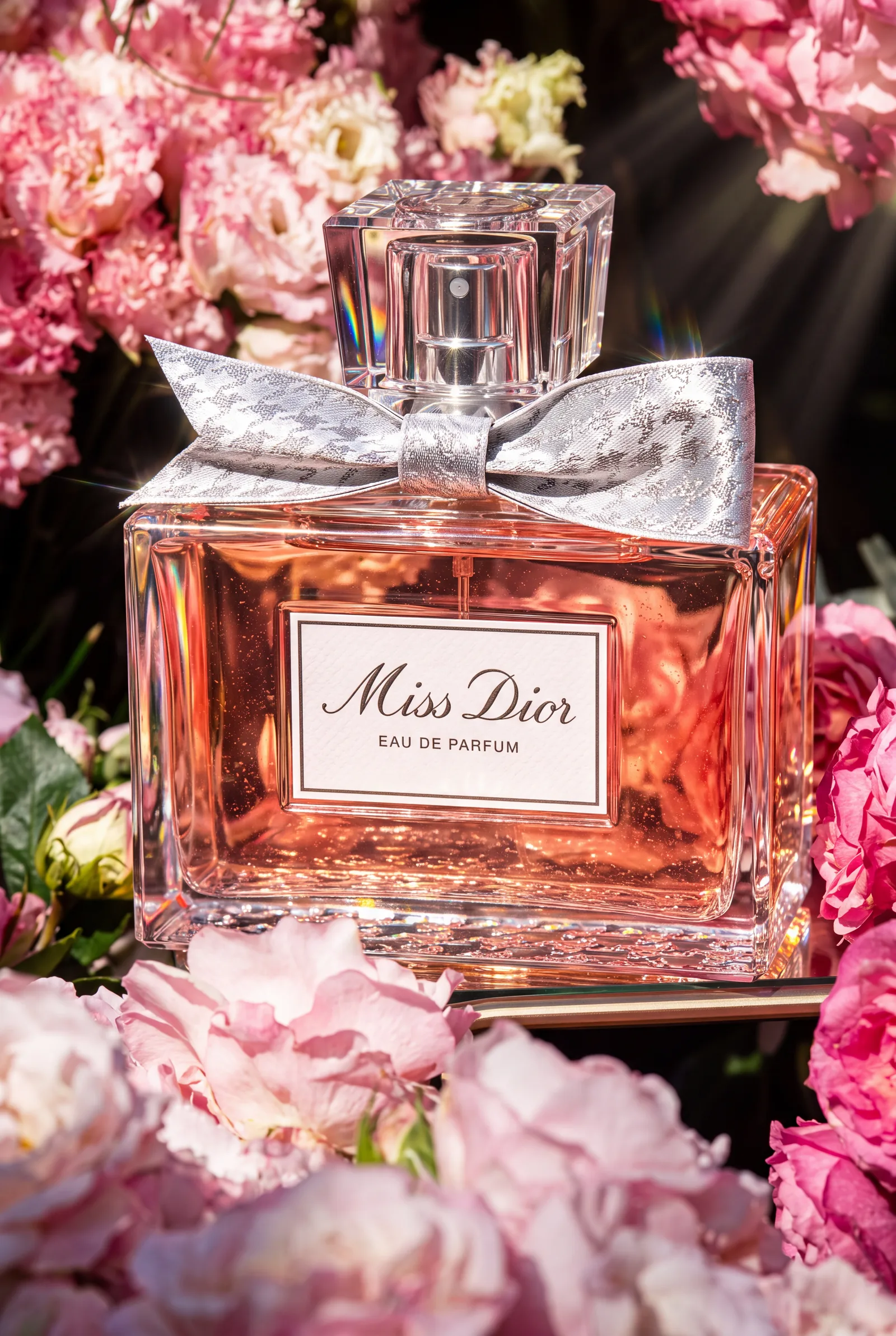 عطر Miss Dior في زجاجة وردية بشريطة فضّية، بين ورود وردية